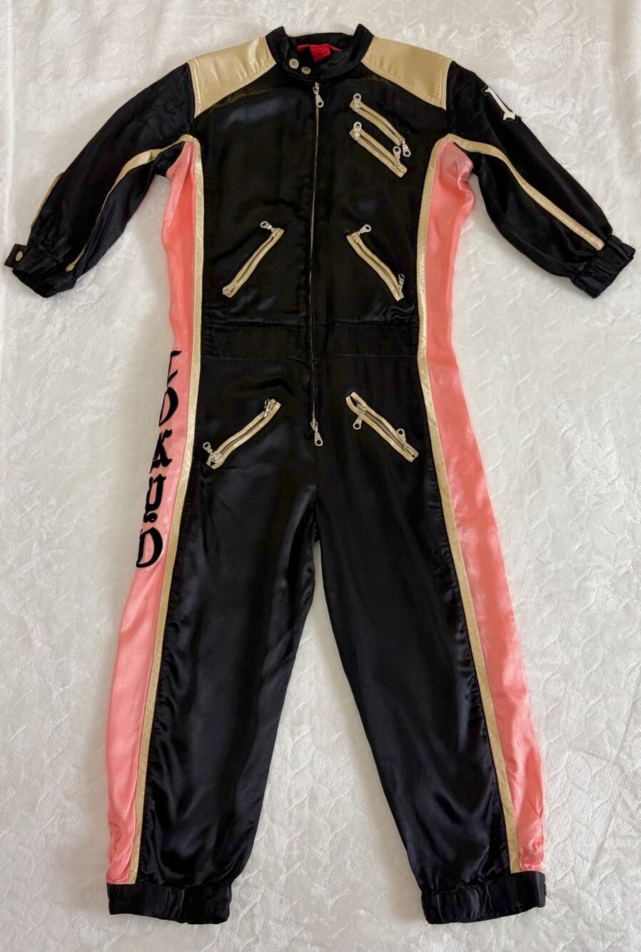 Tokyo Denim Bank Women Size L Satin Jumpsuit Black Coral Gold Patchwork Y2K VTG